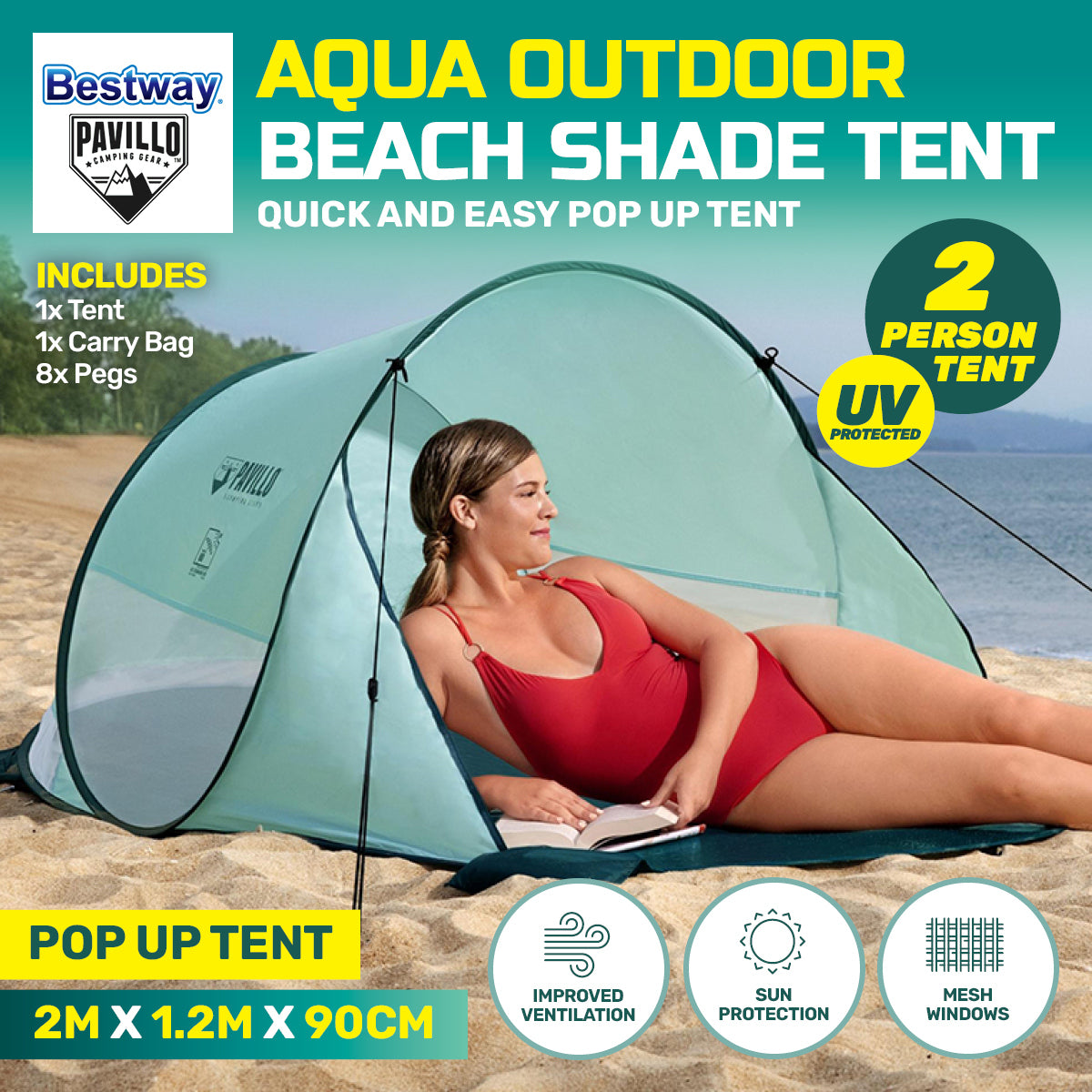 Bestway 2m x 1.2m Beach Tent for two people, featuring UV protection, mesh windows, and a carry bag, ideal for outdoor activities.